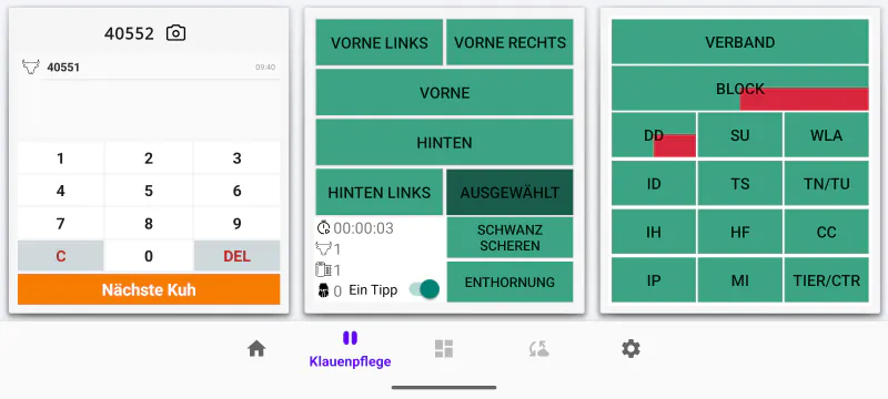 Der Klauenpflege-Bildschirm in Cownt — Ziffernblock für die Ohrmarke, Gliedmaßenauswahl und das vollständige Raster der ICAR-Codes