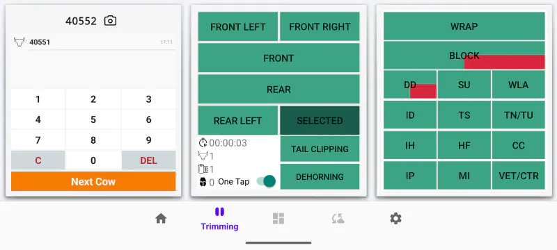 The Trimming screen in Cownt — ear-tag keypad, limb selector and the full grid of ICAR disease codes