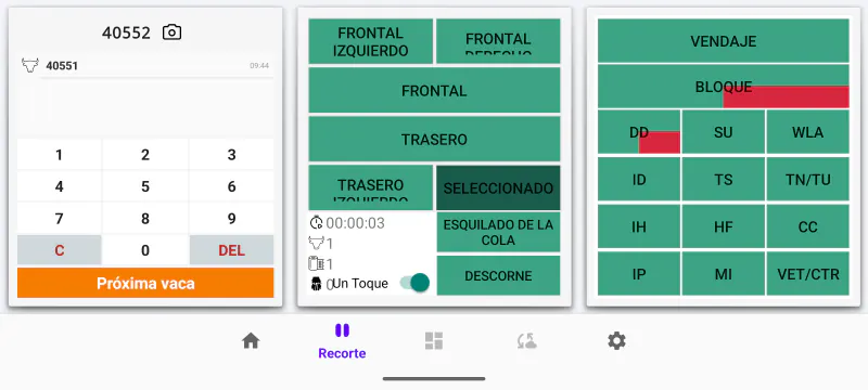La pantalla de recorte en Cownt — teclado del número de crotal, selección de extremidad y la rejilla completa de códigos ICAR