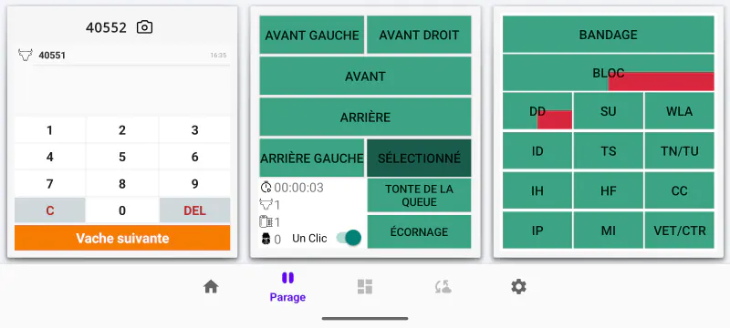 L'écran de parage dans Cownt — clavier du numéro de boucle, sélection du membre et la grille complète des codes ICAR
