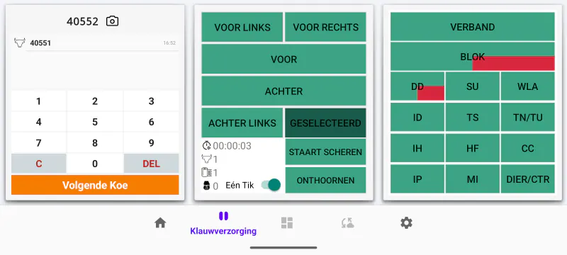 Het bekapscherm in Cownt — toetsenblok voor het oormerk, pootkeuze en het volledige raster met ICAR-codes