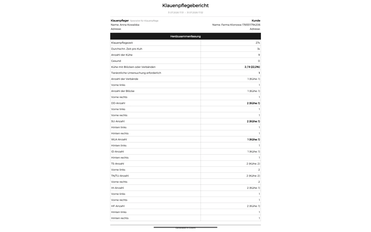 Un rapport PDF de parage généré par Cownt — page une, le récapitulatif de la visite — DE