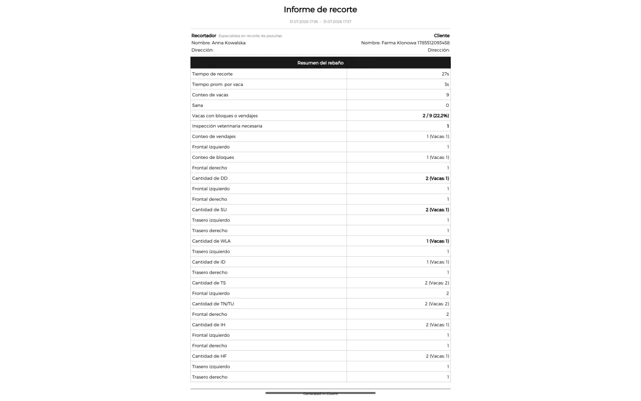 Un rapport PDF de parage généré par Cownt — page une, le récapitulatif de la visite — ES