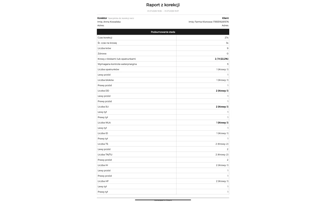 Un rapport PDF de parage généré par Cownt — page une, le récapitulatif de la visite — PL