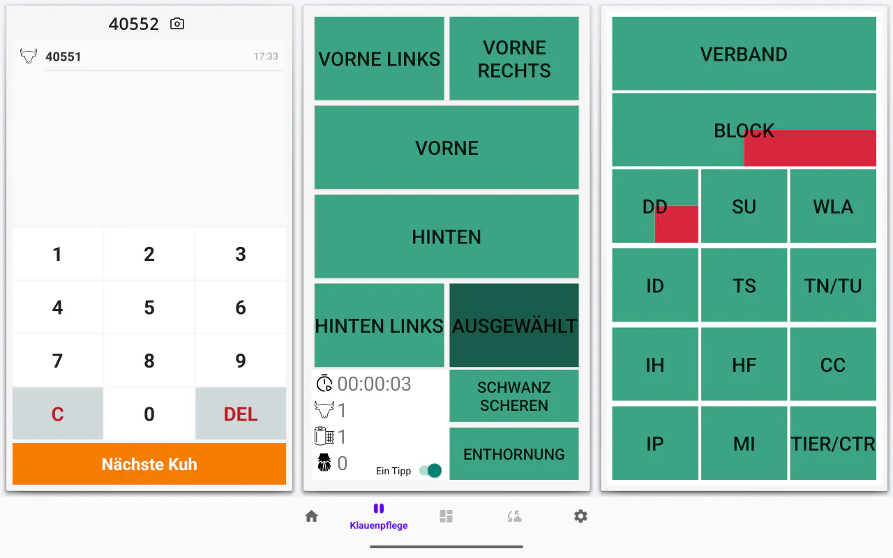 Der Klauenpflege-Bildschirm in Cownt — Ziffernblock für die Ohrmarke, Gliedmaßenauswahl und das vollständige Raster der ICAR-Codes — Klauenpflege
