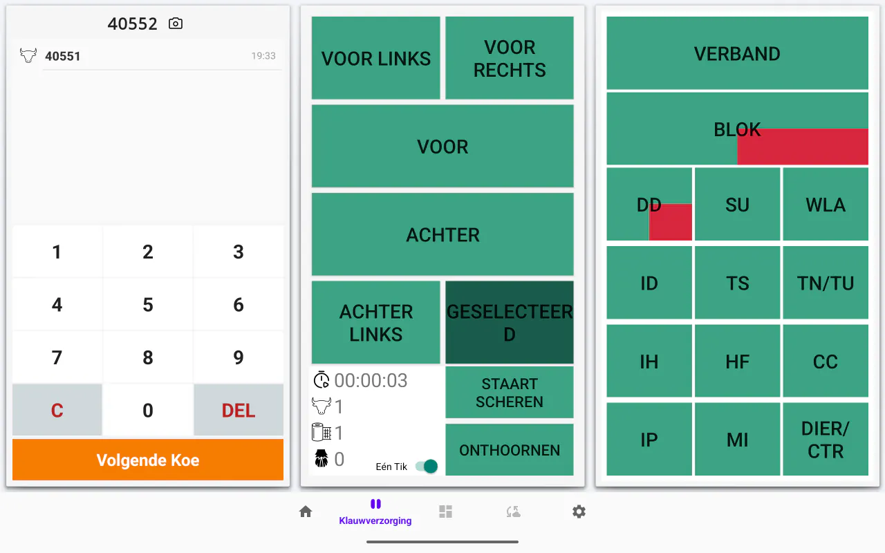 Het bekapscherm in Cownt — toetsenblok voor het oormerk, pootkeuze en het volledige raster met ICAR-codes — Bekappen