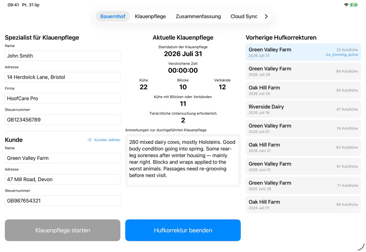 Der Betriebs-Bildschirm in Cownt — Daten von Klauenpfleger und Kunde, Statistik der laufenden Sitzung und frühere Besuche — Betrieb