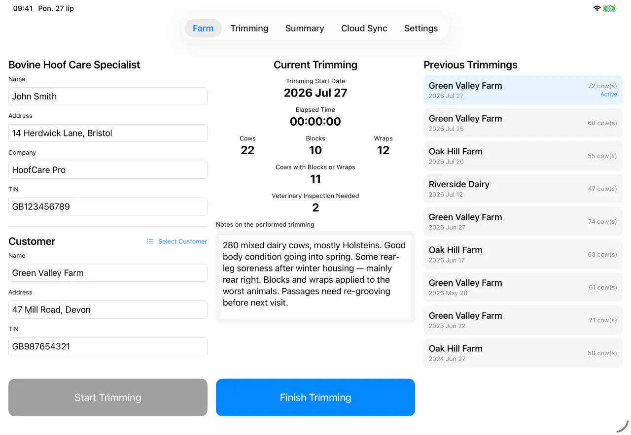 The Farm screen in Cownt — trimmer and customer details, current session stats and the history of previous visits — Farm