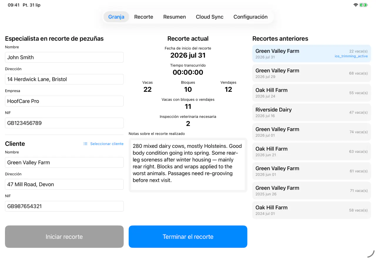 La pantalla de granja en Cownt — datos del podólogo y del cliente, estadísticas de la sesión actual e historial de visitas — Granja