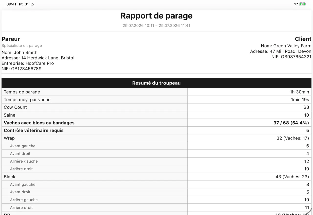 Un rapport PDF de parage généré par Cownt — page une, le récapitulatif de la visite
