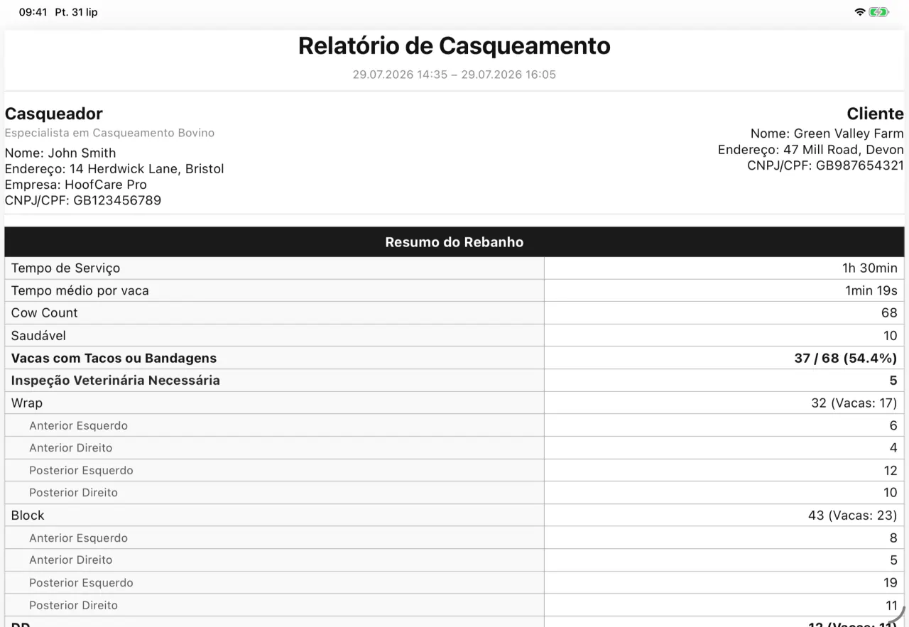 Relatório de casqueamento em PDF gerado pelo Cownt — página um, o resumo da visita — Gere um relatório em PDF ou Excel e envie ao produtor.