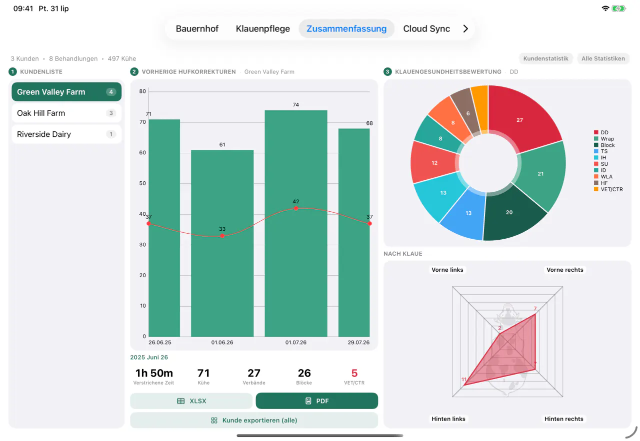 Kundenstatistik in Cownt — Kundenliste, Behandlungsdiagramme und Export des Berichts als PDF und Excel — Kundenstatistik