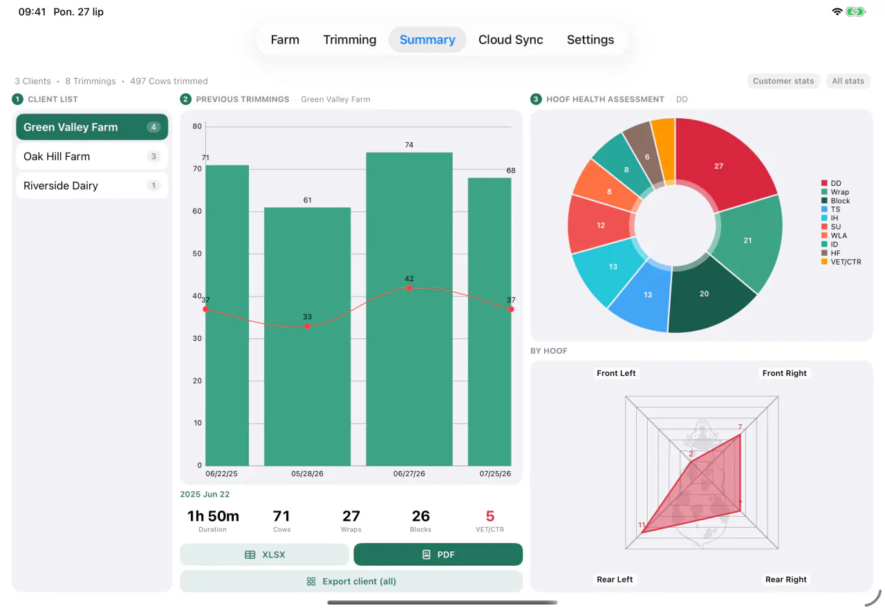 Customer statistics in Cownt — the client list, treatment charts and export of the report to PDF and Excel — Customer statistics