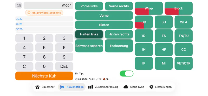 Der Klauenpflege-Bildschirm in Cownt — Ziffernblock für die Ohrmarke, Gliedmaßenauswahl und das vollständige Raster der ICAR-Codes