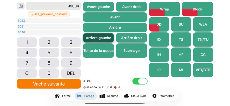 L'écran de parage dans Cownt — clavier du numéro de boucle, sélection du membre et la grille complète des codes ICAR