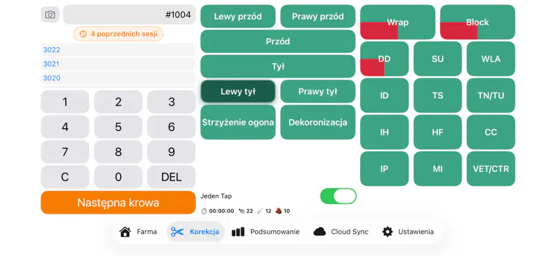 Ekran korekcji w aplikacji Cownt — klawiatura numeru krowy, wybór kończyny i pełna siatka kodów chorób ICAR — iPhone i iPad